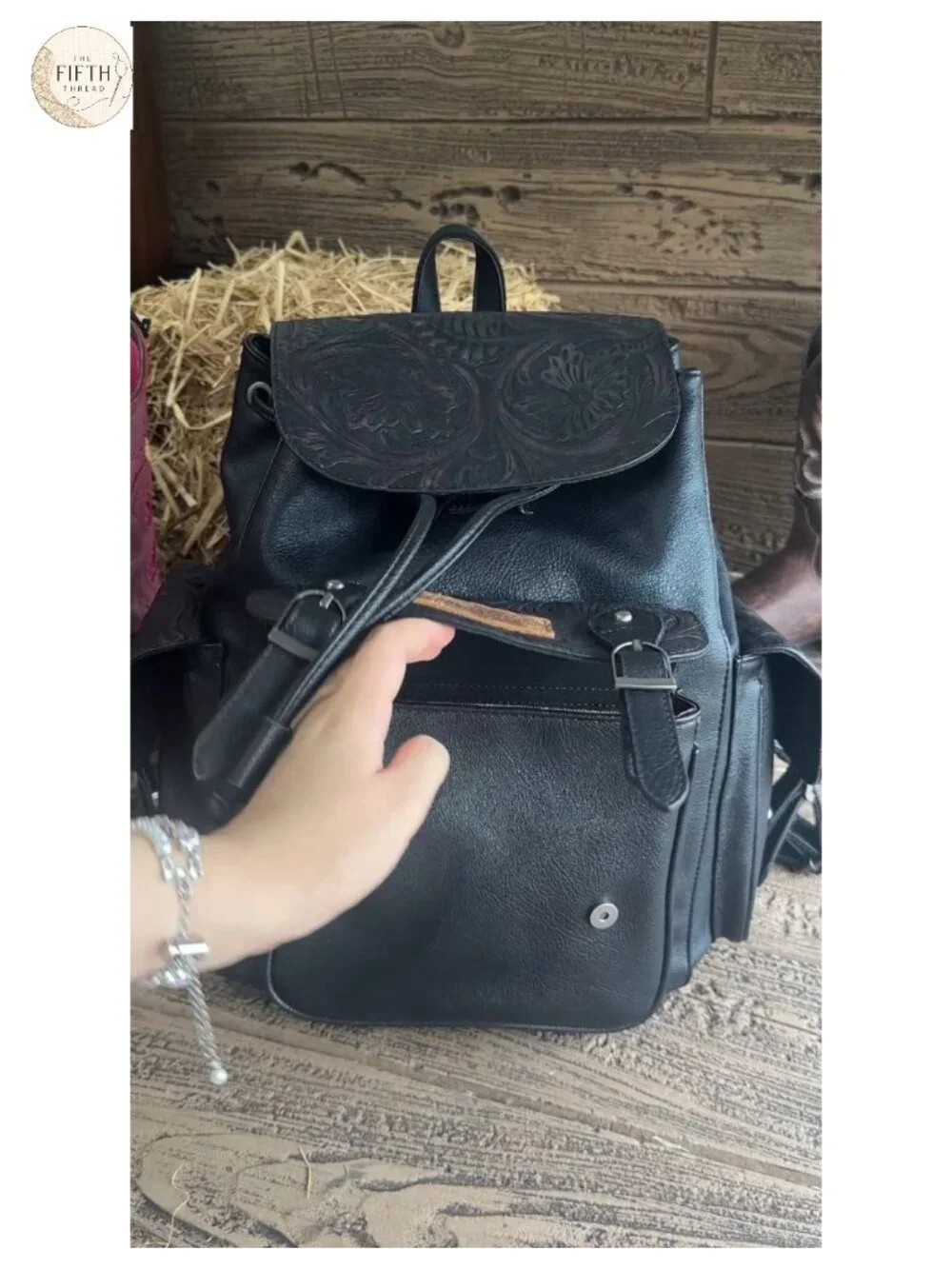 Western Tooled Leather Backpack Purse with Floral Design - Adjustable Straps